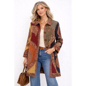 Mirasol Coat Womens Small Multicolor Paisley Patchwork Boho Button Front Jacket
